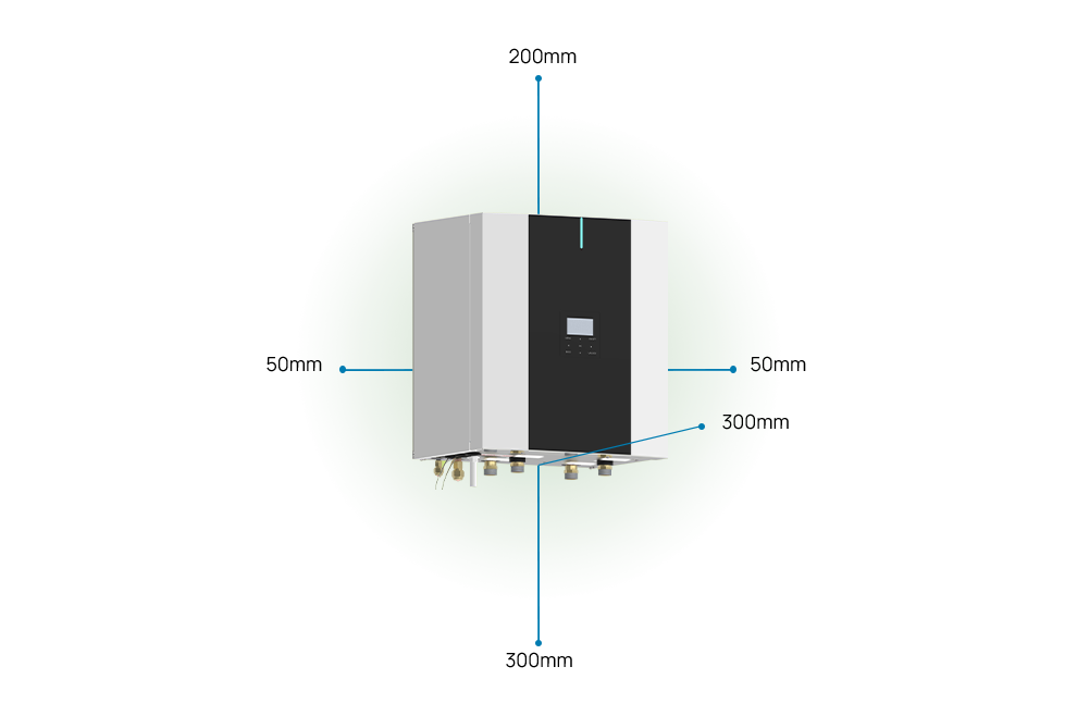 SPHERA EVO 2.0 BOX, the spaces required for installation are: 50 millimetres both sides, 200 millimetres above, 300 millimetres below, 300 millimetres in front.
